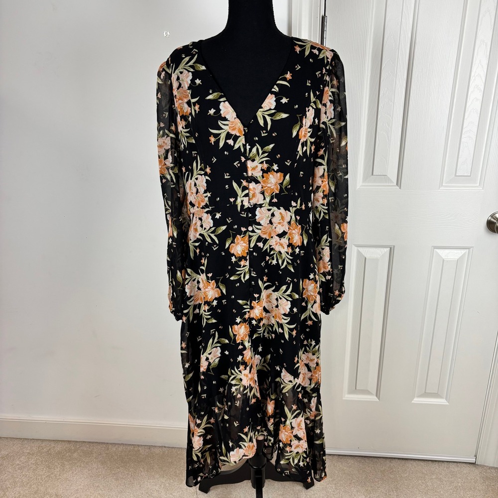 Leith Womens Black Floral V-Neck Button Front Long Sleeve Midi Dress Large NWOT‎